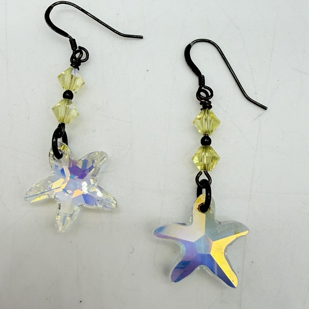 Vintage Star Earrings Sterling Silver 925 Dangle Rainbow AB Crystal